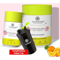 Nutriherbs L-Glutathione 30 Capsules & Glow Builder Powder 30 Sachets | Skin Whitening, & Collagen Booster Supplement Combo With Free Shaker Bottle