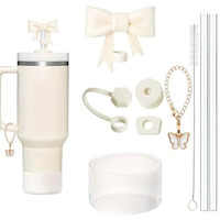 Hasthip For Stanley Cup Accessories & Charm Kit Set Of 9Pcs Fashion Straw Accessories Kit Cute Bow Straw Cap, 2 Straight Straws, Cleaning Brush, Butterfly Handle Charm, Cup Bottom Sleeve