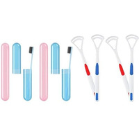 Qonetic 4 Pcs Tongue Cleaner And Toothbrush Cover Case Travel Toothbrush Case Tongue Scrapper, Plastic Brush Holder For Travel Kit, Tooth Brush Holder For Traveling (4 Pcs Tc & Tcc)