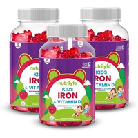 Nutrilyfe | Kids Iron & Vitamin D Gummies | Strawberry Flavored | Promotes Energy, Growth, Immunity And Bone Health | Improves Haemoglobin | Contains Vitamins & Folic Acid | 90 Gummies |