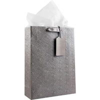 Kidsywinsy Pack Of 10 Silver Embossed Gift Bags (Small,7 * 3 * 10.5 Inches) With Tissue & Thank You Card-Paper Gift Bags | Return Gift Bags For Pooja, Baby Shower, Festive Gifting, Birthday, Wedding