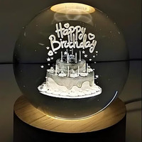 Desidiya 3D Crystal Happy Birthday Lamp Engraved Crystal Ball Led Night Light With Wooden Base - Usb Powered Glass Ball Led Night Light Table Lamp For Kids Room, Teens Home & Office Decor,Warm White