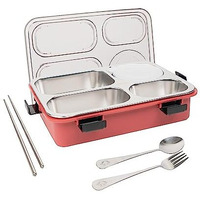 Brand Conquer Lunch Boxes For Adults - Lunch Box For Kids With Spoon & Fork - Durable Perfect Size For On-The-Go Meal, Bpa-Free And Food 4 Compartment Stainless Steel (4 Compartment, Red) 0.9 Liters
