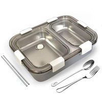 Brand Conquer Lunch Box Sealed Leakage Proof Stainless Steel Lunch Box With Fork,Chopstick & Spoon Lid Office Food Container 2 Compartment For School Kids And Adults, 750Ml (2 Compartment, Grey)