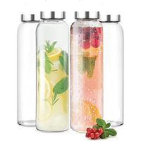 Brezzycloud Glass Fridge Water Bottle With Steel Cap | Leak Proof & Detox Water Bottle Glass | Wide Mouth & Easy To Clean | Best Usage For Office/School/College | Set Of 4, 800Ml