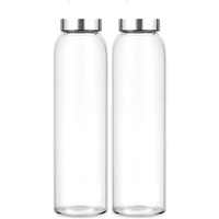 Brezzycloud Glass Fridge Water Bottle With Steel Cap | Leak Proof & Detox Water Bottle Glass | Wide Mouth & Easy To Clean | Best Usage For Office/School/College | Set Of 2, 800Ml | Clear