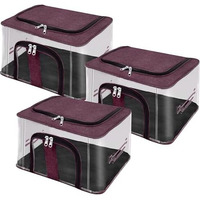Storite 3 Pack Nylon 33 L Pvc Transparent Moisture Proof Storage Box For Clothes Closet Wardrobe Organizer For Clothes Saree Bags With Carry Handle - (Vivid Red, 44 X 31 X 24 Cm)