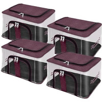 Storite 4 Pack Nylon 33 L Pvc Transparent Moisture Proof Storage Box For Clothes Closet Wardrobe Organizer For Clothes Saree Bags With Carry Handle - (Vivid Red, 44 X 31 X 24 Cm)