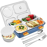 Brand Conquer Lunch Boxes For Adults - Lunch Box For Kids With Spoon & Fork - Durable Perfect Size For On-The-Go Meal, Bpa-Free And Food 4 Compartment Stainless Steel (4 Compartment, Blue), 1.3 Liters