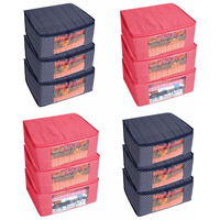 Homestrap Set Of 12 Cotton Quilted Saree Covers Combo | 3-Layered Foldable Storage Bags With Transparent Window & Zip | Premium Wardrobe Organizer For Sarees, Lehengas, Dresses | Navy Blue & Pink