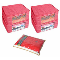 Homestrap Combo Of 5 Saree Bag | 4 Cotton Quilted 3 Layered Foldable Saree Covers (Pink) & 1 Single Saree Wardrobe Organizer (Beige) For Lehenga, Suit, Dress,& Accessories