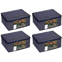 Homestrap Set Of 4 Cotton Quilted Saree Covers | 3-Layered Foldable Storage Bags With Transparent Window & Zip | Premium Wardrobe Organizer For Sarees, Lehengas, Dresses | Navy Blue