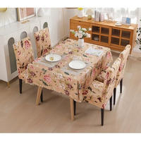 House Of Quirk Dining Chair Cover With Table Covers For Kitchen Waterproof Dining Table Cloth (Dark Beige/Flower Pink/Green, 1 Table Cover + 6 Chair Cover)