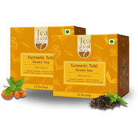 Tea Leaf & Co. Turmeric Tulsi Green Tea Blend Of Pure Green Tea & Fresh Tulsi Herbal Tea For Hot/Iced Total 50 Tea Bags Pack Of 2