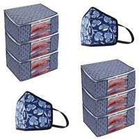 Homestrap Set Of 6 Non-Woven Printed Saree Cover With 2 Masks | Cloth Storage/Organizer With Transparent Window & Zipper (Navy Blue) (Featured On Shark Tank)