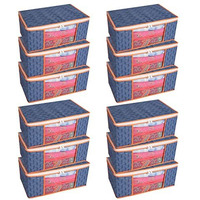 Homestrap Set Of 12 Non-Woven Printed Saree Cover/Cloth Storage/Organizer With Transparent Window(Navy Blue With Orange Border)(Shark Tank Product),44 Cm,22 Cm