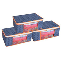 Homestrap Set Of 3 Non-Woven Printed Saree Cover/Cloth Storage/Organizer With Transparent Window (Navy Blue With Orange Border), 33 X 22 Cm