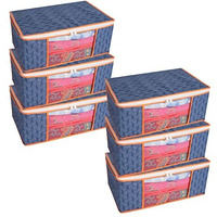 Homestrap Set Of 6 Non-Woven Printed Saree Cover/Cloth Storage/Organizer With Transparent Window (Navy Blue With Orange Border)(Featured On Shark Tank), 33.5X22 Cm