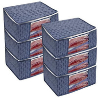 Homestrap Set Of 6 Non-Woven Printed Saree Cover/Cloth Storage/Organizer With Transparent Window (Navy Blue), 33.5 X 22 Cm