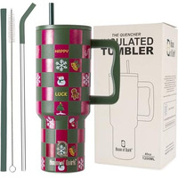 House Of Quirk 1200Ml Stainless Steel Christmas Tumbler Hot And Cold With Handle And Lid 2 Straw, Double Insulated Cup Leak Proof Mug Cupholder For Gym, Travelling (Merry Maroon)