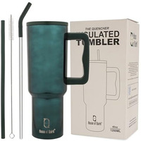 House Of Quirk 1200Ml Stainless Steel Tumbler Hot And Cold With Handle And Lid 2 Straw, Double Insulated Cup Leak Proof Mug Cupholder For Gym, Travelling (Mettalic Green)