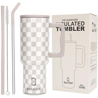 House Of Quirk 1200Ml Stainless Steel Tumbler Hot And Cold With Handle And Lid 2 Straw, Double Insulated Cup Leak Proof Mug Cupholder For Gym, Travelling (Oatmeal Check)