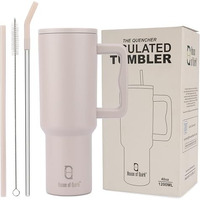 House Of Quirk 1200Ml Stainless Steel Tumbler Hot And Cold With Handle And Lid 2 Straw, Double Insulated Cup Leak Proof Mug Cupholder For Gym, Travelling (Oatmeal)