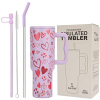 House Of Quirk 1200Ml Stainless Steel Tumbler Hot And Cold With Handle And Lid 2 Straw, Double Insulated Cup Leak Proof Mug Cupholder For Gym, Travelling (Mauve Heart)