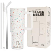 House Of Quirk 1200Ml Stainless Steel Tumbler Hot And Cold With Handle And Lid 2 Straw, Double Insulated Cup Leak Proof Mug Cupholder For Gym, Travelling (Cream Paint)