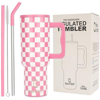 House Of Quirk 1200Ml Stainless Steel Tumbler Hot And Cold With Handle And Lid 2 Straw, Double Insulated Cup Leak Proof Mug Cupholder For Gym, Travelling (Pink Check)
