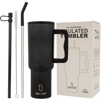 House Of Quirk 1200Ml Stainless Steel Tumbler Hot And Cold With Handle And Lid 2 Straw, Double Insulated Cup Leak Proof Mug Cupholder For Gym, Travelling (Mettalic Black)