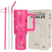 House Of Quirk 1200Ml Stainless Steel Tumbler Hot And Cold With Handle And Lid 2 Straw, Double Insulated Cup Leak Proof Mug Cupholder For Gym, Travelling (Rose Heart)