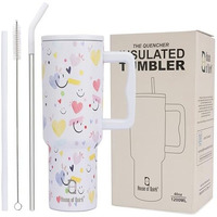 House Of Quirk 1200Ml Stainless Steel Tumbler Hot And Cold With Handle And Lid 2 Straw, Double Insulated Cup 100% Leak Proof Mug Cupholder For Gym, Travelling (White Heart)