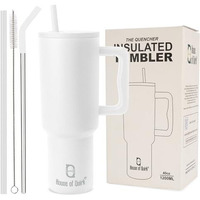House Of Quirk 1200Ml Stainless Steel Tumbler Hot And Cold With Handle And Lid 2 Straw, Double Insulated Cup Leak Proof Mug Cupholder For Gym, Travelling (Coconut Cloud)
