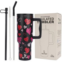 House Of Quirk 1200Ml Stainless Steel Tumbler Hot And Cold With Handle And Lid 2 Straw, Double Insulated Cup Leak Proof Mug Cupholder For Gym, Travelling (Black Heart)