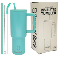 House Of Quirk 1200Ml Tumbler With Handle And Straw Lid Double Insulated Cup Reusable Stainless Steel Water Bottle Leak Proof Mug Cupholder For Gym, Travelling (Turquoise)