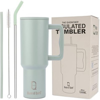 House Of Quirk 1200Ml Stainless Steel Tumbler Hot And Cold With Handle And Lid 2 Straw, Double Insulated Cup Leak Proof Mug Cupholder For Gym, Travelling (Lime Pistachio)