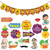 Zyozique Annaprasanam Photo Booth Props With Annaprasanam Paper Banner Hindi Font Shubh Annaprashan Yellow & Red Color Font/Rice Ceremony Decorations Items /(Pack Of 17)