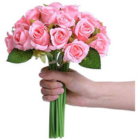 Tied Ribbons Set Of 12 Artificial Rose Flowers Bunches For Vase (24 Cm, Light Pink) - Home Decoration Gift Items For Living Room Corner Table Top Bedroom Wedding (Pot Not Included) Polyester