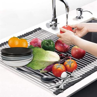 Mohree Over The Sink Grey Dish Drying Rack, Dish Drainer Rack, Roll Up Utensil Drying Rack For Kitchen,Stainless Steel Multipurpose Foldable Dish Plate Big Size For Counter Top Wash