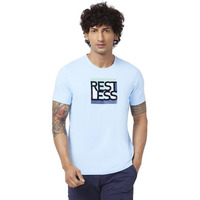 Spykar Men Powder Blue Blended Slim Fit Half Sleeve Round Neck Printed Tshirt