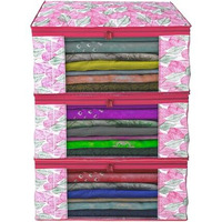 Kuber Industries Non-Woven Leaf Print Saree Covers With Zip|Foldable Wardrobe Organizer For Clothes|Saree Bags Keep 8 To 10 Saree|Suitable For Lehenga, Suit, Dress|Pack Of 3 (Multi)