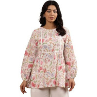W Ecru Floral Printed Cotton Top And Pant For Women