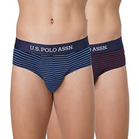 U.S. Polo Assn. Men Horizontal Stripe Antibacterial Eb005 Briefs - Pack Of 2 (Navy-Star Sapphire/Navy-Pomogranate M)