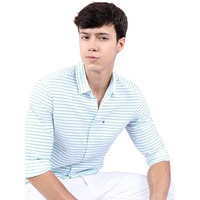 Highlander Men's Striped Slim Fit Shirt (Hlsh014002_White/Aqua