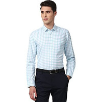 Peter England Men's Classic Checkered Formal Slim Fit Full Sleeve Shirt | Wonder Fabric | Cotton-Rich Light Blue