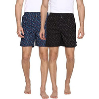 Van Heusen Men Boxer Shorts - 100% Combed Cotton - Pack Of 2 - Allover Print, Side Pocket, Side Slits Blue, Black