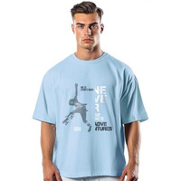 Nobero Cotton Men's Letter Print Oversized Fit T-Shirt (1M-Twrt-C0612-Pbl_Powder Blue, Large