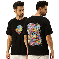 Veirdo Oversized Cotton Graphic Print Black Crew Neck T-Shirt With Chest Print For Men
