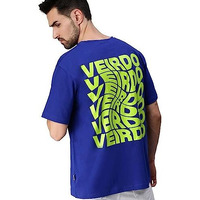 Veirdo Royal Blue Oversized Cotton Graphic Print Round Neck T-Shirt With Back Print For Men (S)